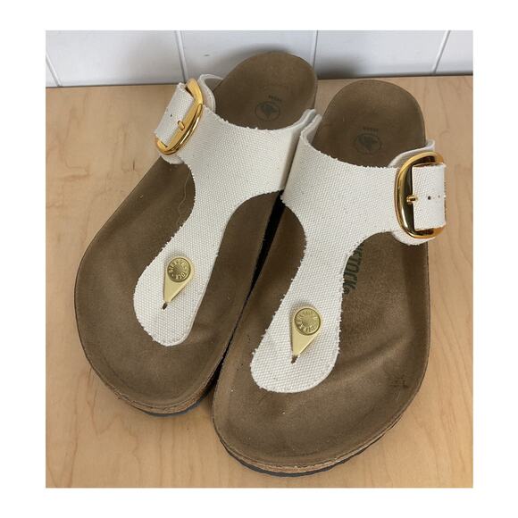 Birkenstock Gizeh Big Buckle Sandles Vegan Cream Canvas Gold Buckles Size 41/10 - Picture 6 of 8